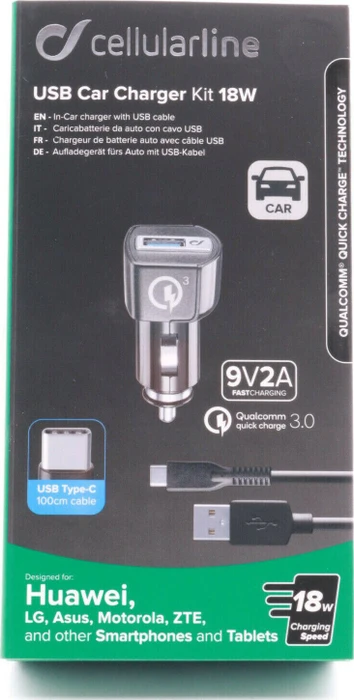 Cellularline USB Car Charger Kit 18W USB-C schwarz