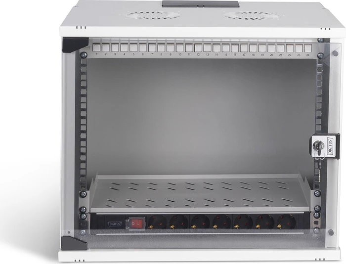 Digitus Professional SoHo Pro Line 19" Wandgehäuse SET 9HE, unmontiert, Sicherheitsglastür, IP20, RAL 7035, 400mm tief