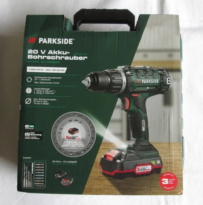 Parkside PABS 20-Li I9 Akku-Bohrschrauber inkl. Koffer + 2 Akkus 2.0Ah + Zubehör