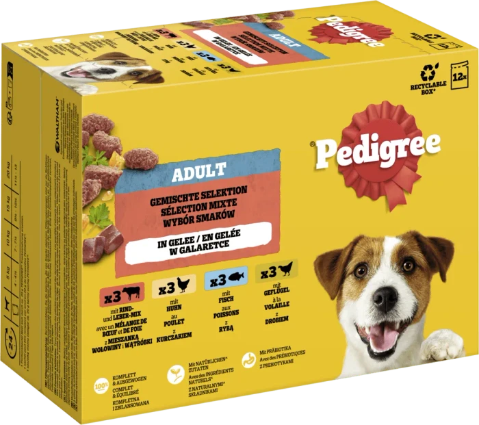 Pedigree Gemischte Selektion 4 Varietäten Rind- & Lebermix, Huhn, Fisch, Geflügel in Gelee, 1.20kg (12x 100g)