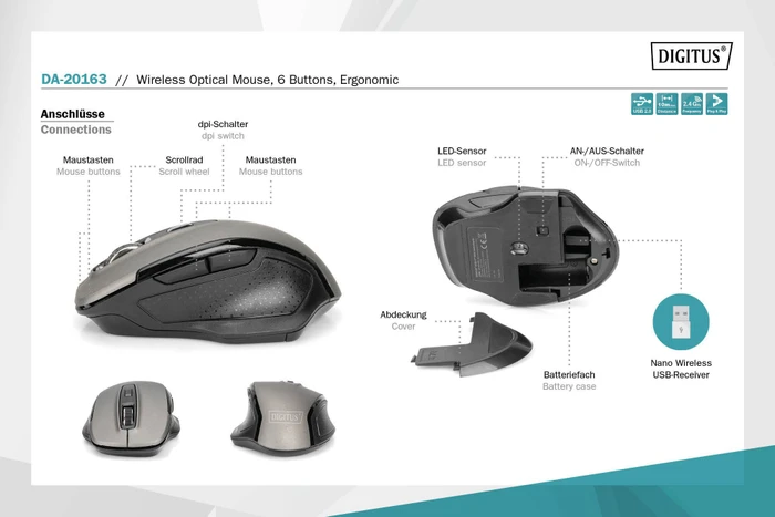 Digitus Ergonomic Wireless Optical Mouse, 6 Tasten, grau/schwarz, USB