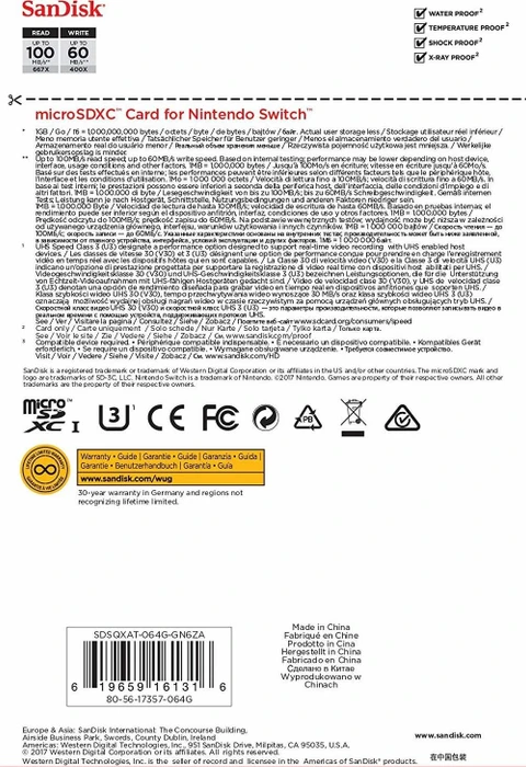 SanDisk Nintendo Switch R100/W60 64GB, UHS-I U3, Class 10