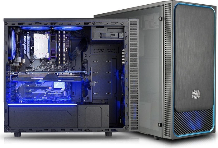 Cooler Master MasterBox E500L Window schwarz/blau, Acrylfenster, Lüfter LED blau