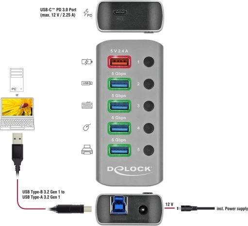 DeLOCK USB-Hub, 4x USB-A 3.0, USB-B 3.0 [Buchse]
