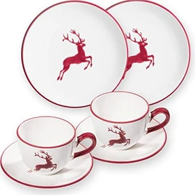 Gmundner Keramik Bordeauxroter Hirsch Frühstück für 2 Cup Frühstücksservice, 4-tlg.
