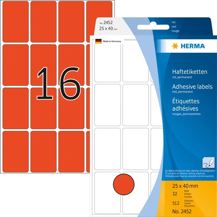 Herma Vielzwecketiketten, 25x40mm, rot, 32 Blatt (512 Etiketten)