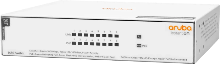 HPE Aruba Instant On 1430 Desktop Gigabit Switch, 8x RJ-45, 64W PoE+