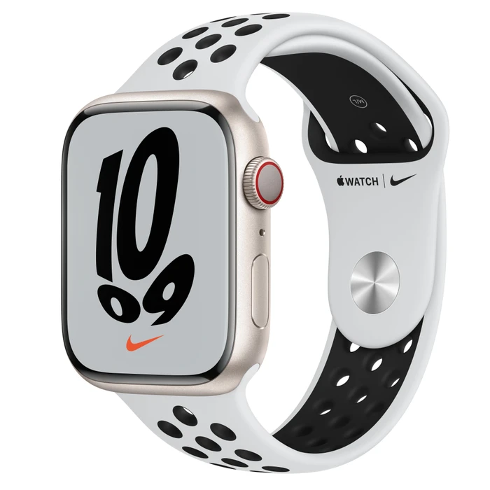 Apple Watch Nike Series 7 (GPS + Cellular) 45mm Aluminium Polarstern mit Sportarmband Pure Platinum/schwarz