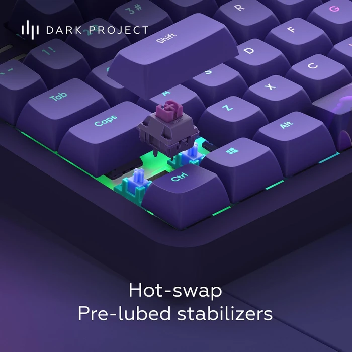 Dark Project ALU87B Celestial Gaming Keyboard, violett, LEDs RGB, g3ms Voidstone Silent, USB, US