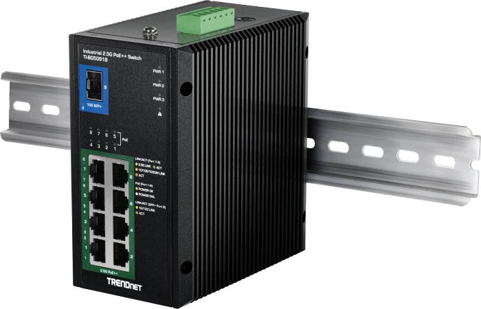TRENDnet TI Hardened Industrial Railmount 2.5G Switch, 8x RJ-45, 1x SFP+, 480W PoE++