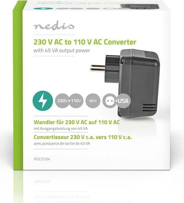 Nedis Umrichter 230V-110V, ungeerdete USA Buchse auf Schutzkontakt Stecker, 45W, schwarz