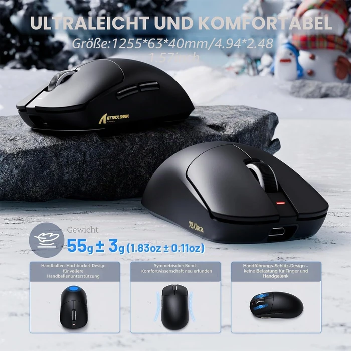 Attack Shark X8 Ultra 8KHz Tri-mode Wireless Gaming Mouse, schwarz, USB/Bluetooth