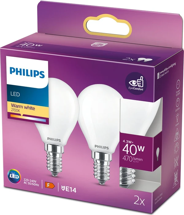 Philips Classic LED Tropfen E14 4.3-40W/827, 2 Stück