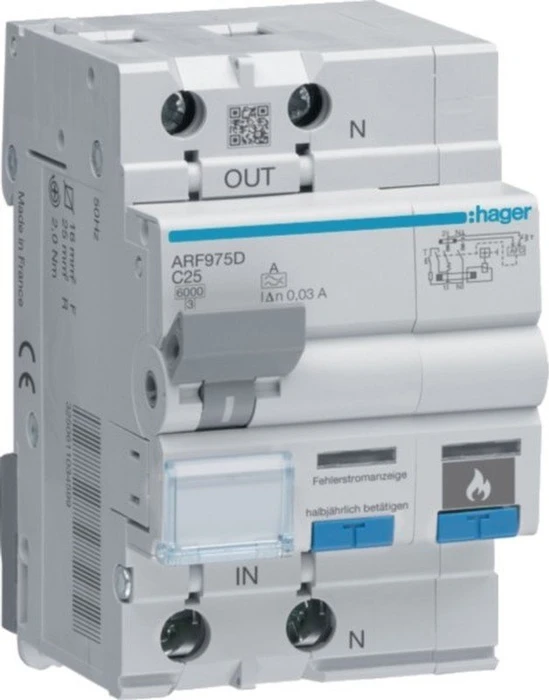 Hager Fehlerlichtbogen-Schutzeinrichtung AFDD FI-LS 1P+N 6kA C-25A 30mA Typ A 3m