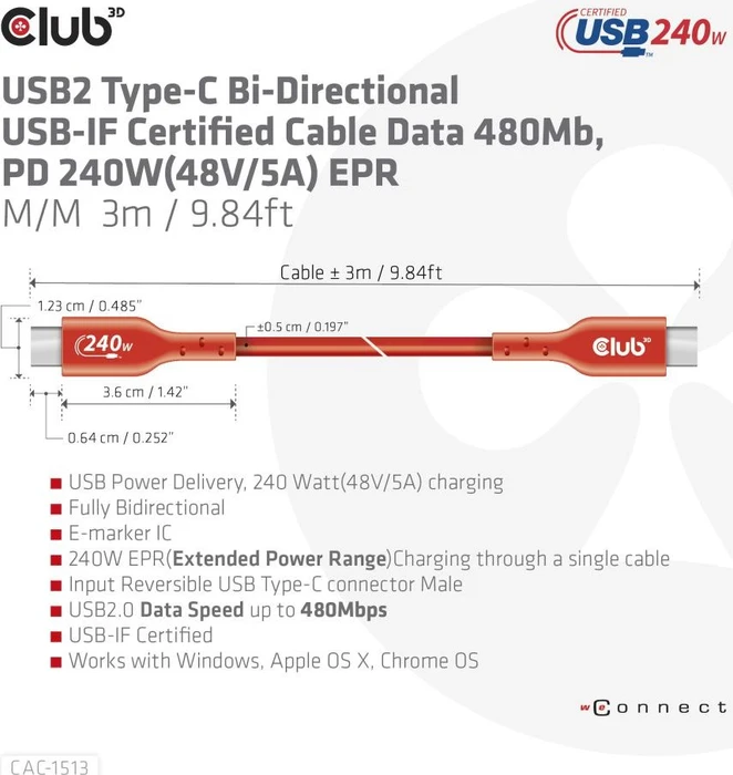 Club 3D USB-C 2.0 Kabel, 480Mb/s, 240W PD EPR, USB-C 2.0 Stecker auf USB-C 2.0 Stecker, 3m