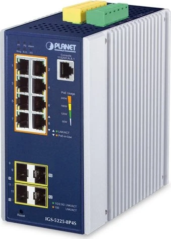 Planet IGS-5225 Industrial Railmount Gigabit Managed Switch, 8x RJ-45, 4x SFP, 240W PoE+