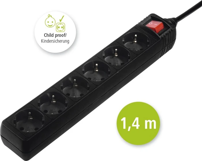 Hama Steckdosenleiste mit Schalter, 6-fach, 1.4m, schwarz