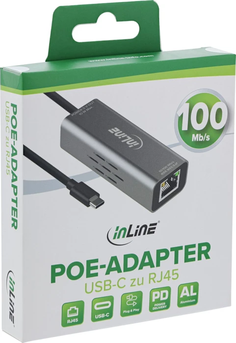 InLine PoE auf USB-C PoE-Adapter, LAN-Adapter, 10W, RJ-45, USB-C 2.0 [Stecker]