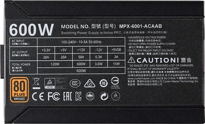 Cooler Master MWE Bronze 600W, ATX 2.31