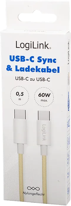 LogiLink USB-C Kabel, USB 2.0, 480Mb/s, 60W PD, USB-C Stecker auf USB-C Stecker, Nylon, gelb, 0.5m
