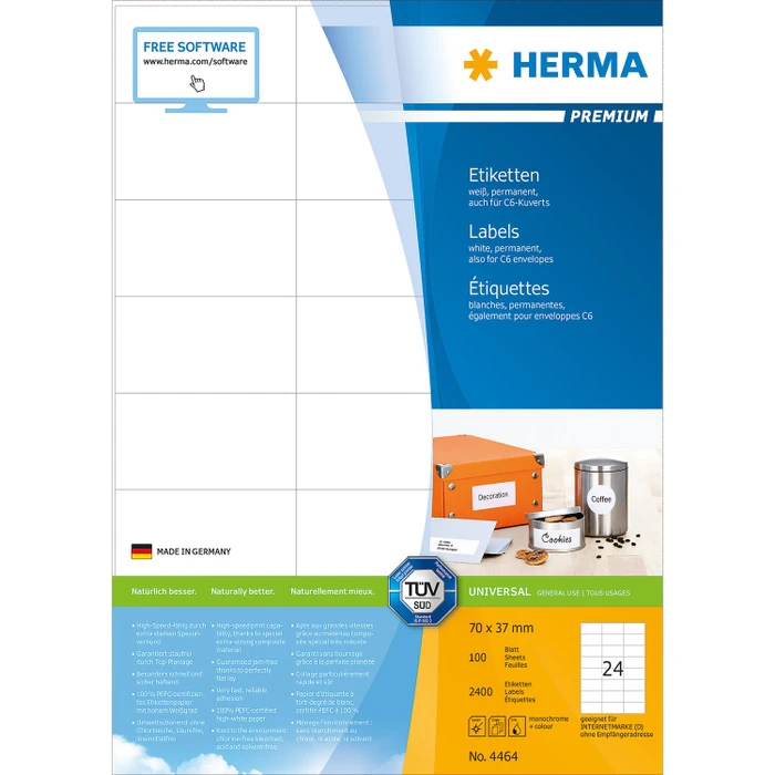 Herma Etiketten Premium, 70x37mm, weiß, matt, 100 Blatt (2400 Etiketten)
