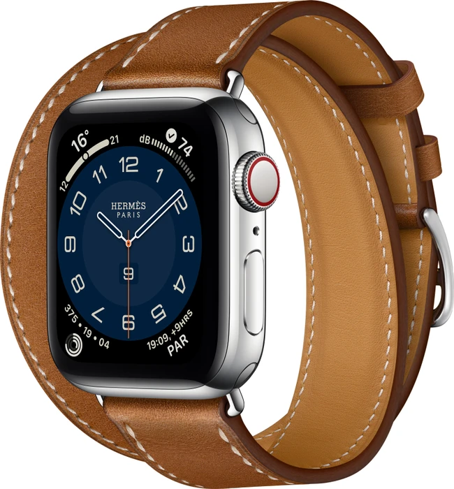 Apple Watch Hermès Series 6 (GPS + Cellular) 40mm Edelstahl silber mit Double Tour Barénia Lederarmband braun