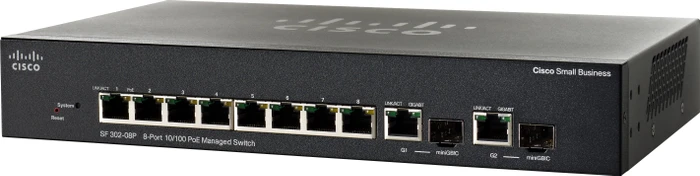 Cisco SF300 Desktop Managed Switch, 8x RJ-45, 2x RJ-45/SFP, 62W PoE