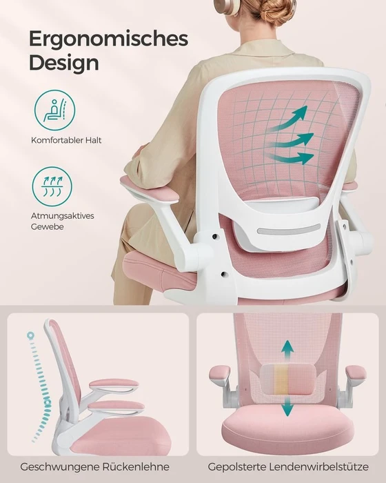 Songmics Bürostuhl ergonomisch mit Amrlehnen, pastellrosa