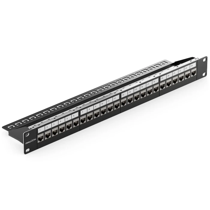 deleyCON Patchpanel für Keystone Module 19", 1HE, schwarz, inkl. RJ-45 Cat6a Module, 24-Port, 19", 1HE