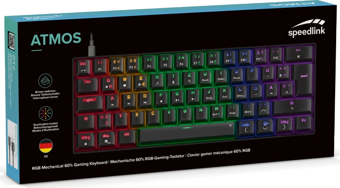 Speedlink Atmos RGB Regenbogen 60% Gaming Keyboard, schwarz, LEDs RGB, Jixian BROWN, USB, DE
