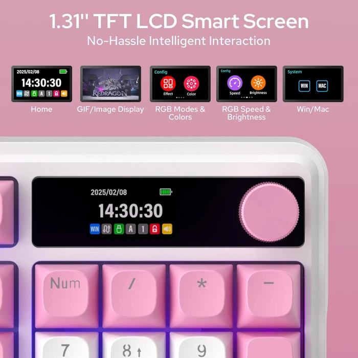 Redragon Terraflare K762 Pro Wireless, White & Pink, LEDs RGB, Mint Mambo, USB/Bluetooth, US