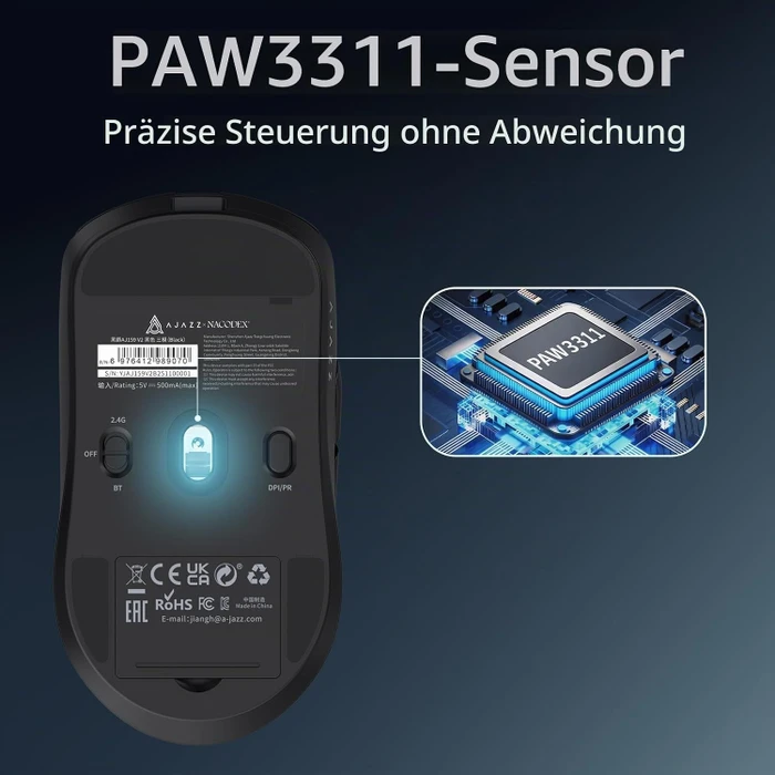 Ajazz AJ159 V2 MC Wireless Gaming Mouse mit Akku-Ladestation, schwarz, USB/Bluetooth