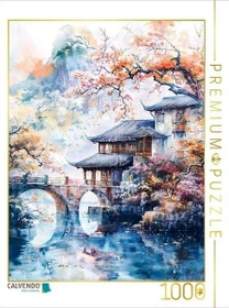 Calvendo Bergdorf mit Brücke. Chinesische Häuser. Aquarellmalerei