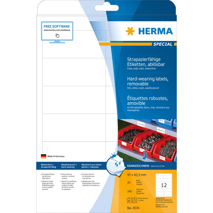 Herma Folienetiketten, 97x42.3mm, ablösbar, wetterfest, weiß, matt, 20 Blatt (240 Etiketten)
