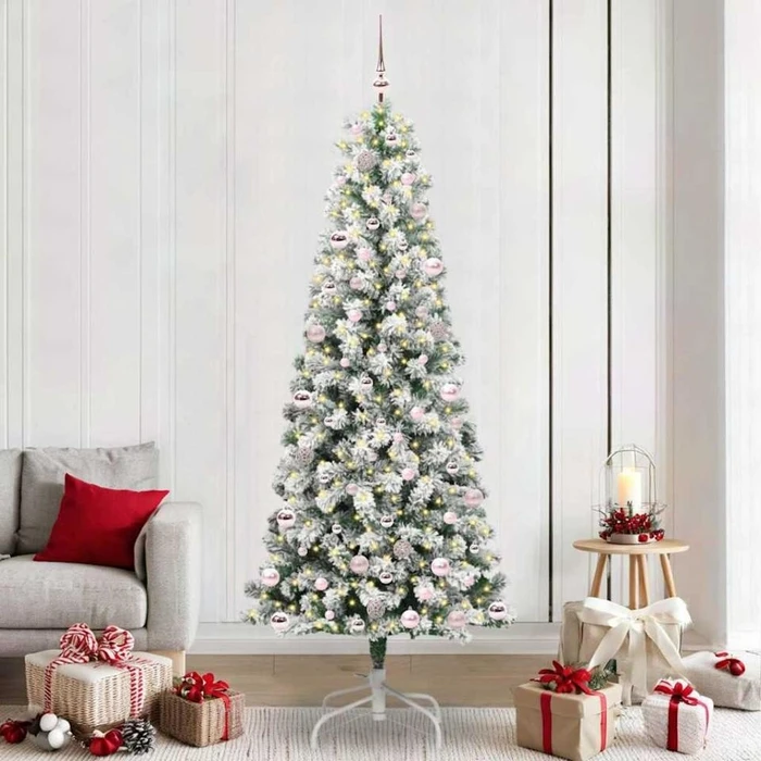 vidaXL Künstlicher Weihnachtsbaum schlank mit Schnee, 240cm, inkl. LED-Beleuchtung