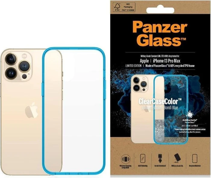 PanzerGlass Clear Case Color AntiBacterial für Apple iPhone 13 Pro Max Bondi Blue Limited Edition
