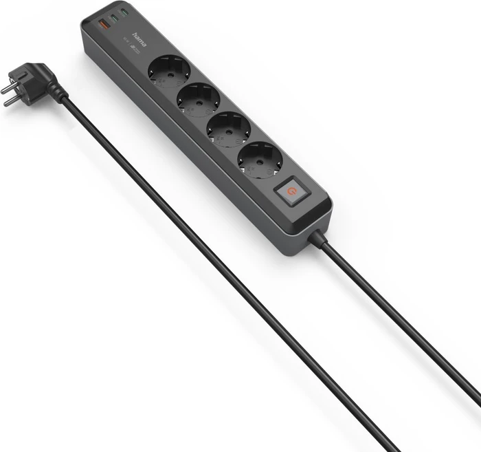 Hama Steckdosenleiste mit Schalter, 4-fach, 1x USB-A/2x USB-C 65W USB-PD, 1.4m, schwarz/grau