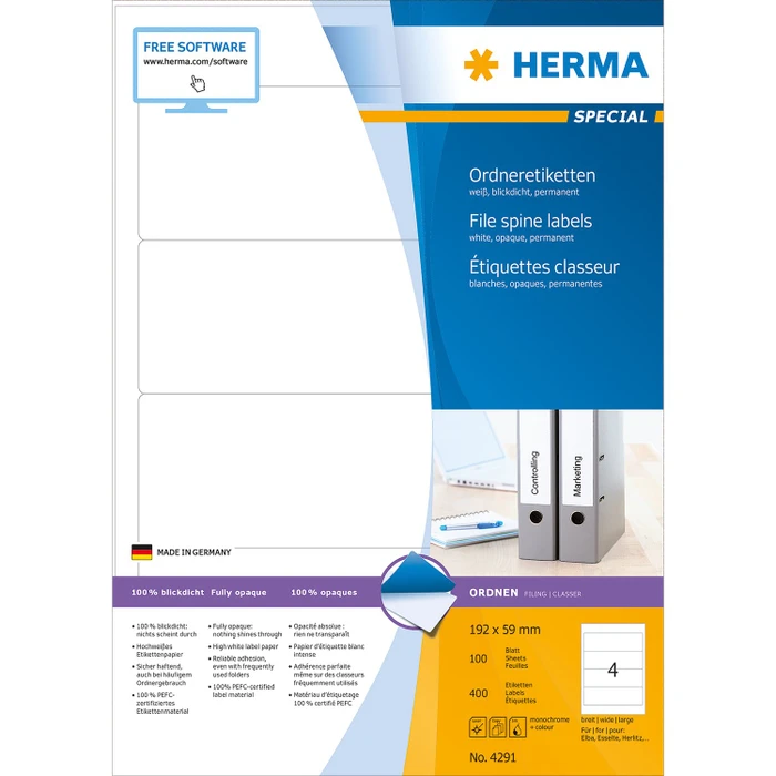 Herma Ordneretiketten, 59x192mm, weiß, matt, 100 Blatt (400 Etiketten)