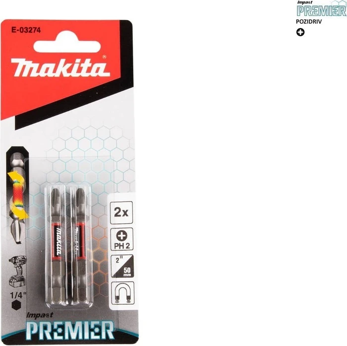 Makita Impact Premier Kreuzschlitz Bit 1/4", PH2x50mm, 2 Stück