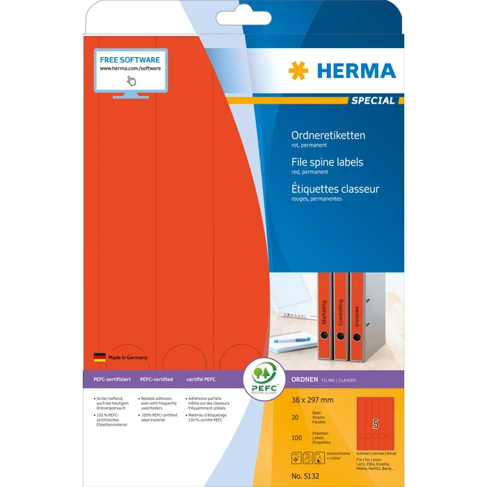 Herma Ordneretiketten, 38x297mm, rot, 20 Blatt (100 Etiketten)