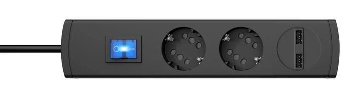 Kopp Steckdosenleiste DUOversal Plus 2=4 mit Schalter und 2x USB, 2-fach, 1.4m, schwarz