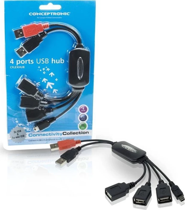 Conceptronic USB-Hub, 3x USB-A 2.0, 1x USB 2.0 Mini-B, USB-A 2.0 [Stecker]