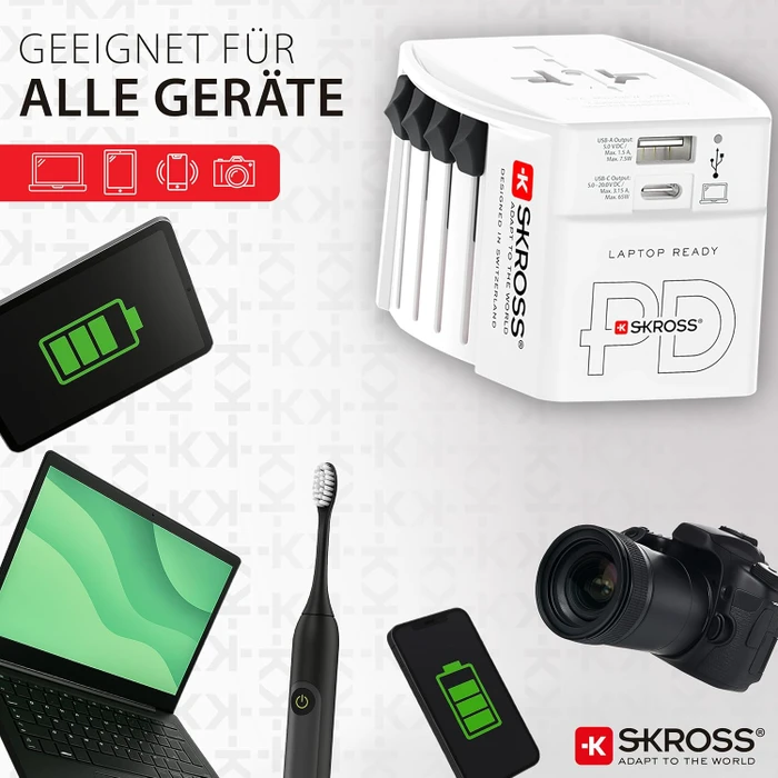 Skross World Travel Adapter MUV USB AC65PD, 1x USB-A, 1x USB-C, mit USB-C Kabel, weiß