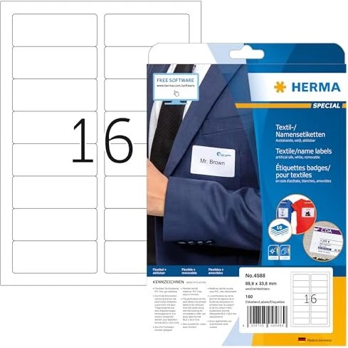 Herma Namensetiketten Acetatseide, 88.9x33.8mm, ablösbar, weiß, 10 Blatt (160 Etiketten)