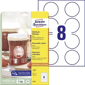 Avery-Zweckform Etiketten rund, 65mm, ablösbar, weiß, 10 Blatt (80 Etiketten)