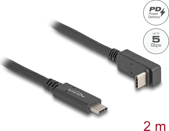 DeLOCK USB-C auf USB-C Kabel, USB 3.0 mit DP, 5Gb/s, 4K, 60W USB PD, gewinkelt, E-Marker, schwarz, 2m