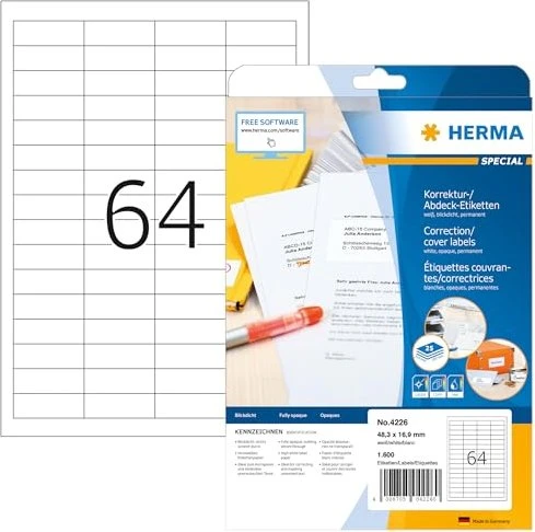 Herma Korrektur-/Abdecketiketten, 48.3x16.9mm, weiß, 25 Blatt (1600 Etiketten)