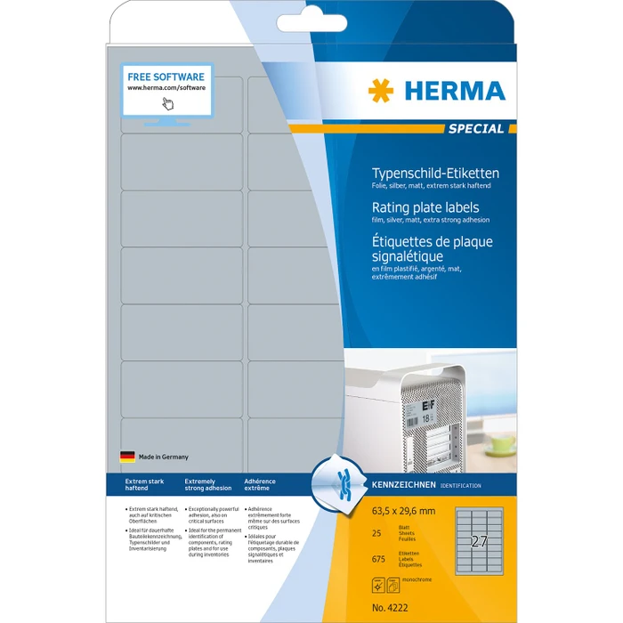 Herma Typenschildetiketten Special, 63.5x29.6mm, wetterfest, silber, matt, 25 Blatt (675 Etiketten)