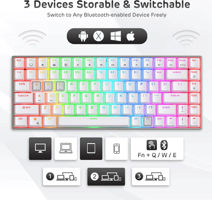 RK Royal Kludge RK84 Pro 75% Wireless, weiß, LEDs RGB, hot-swap, RK BROWN, USB/Bluetooth, US