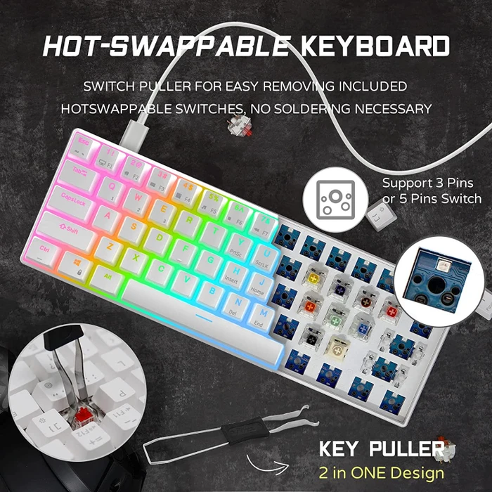 RK Royal Kludge RK61 60% Wired, weiß, LEDs RGB, hot-swap, RK RED, USB, US